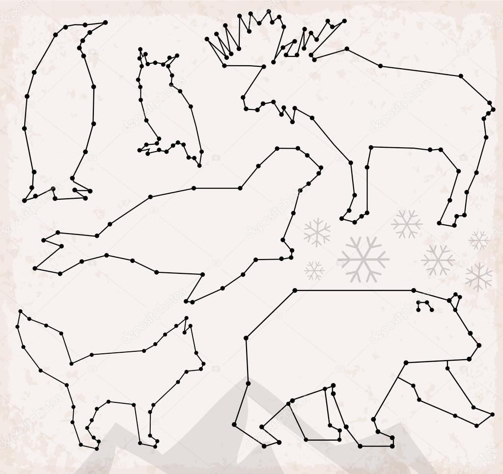 Abstract Line and Dot Arctic Animals Set Vector Illustrations