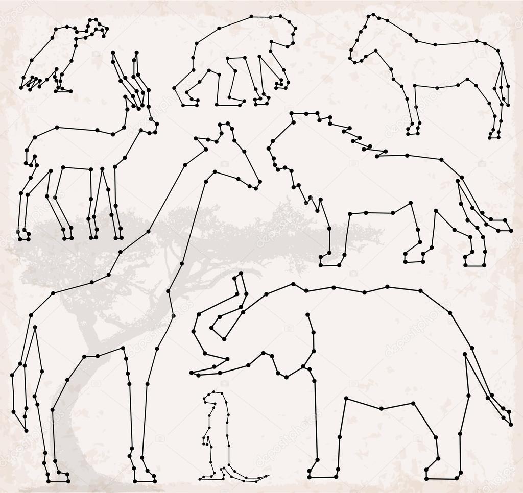 Abstract Line and Dot Savanna Animals Set Vector Illustrations
