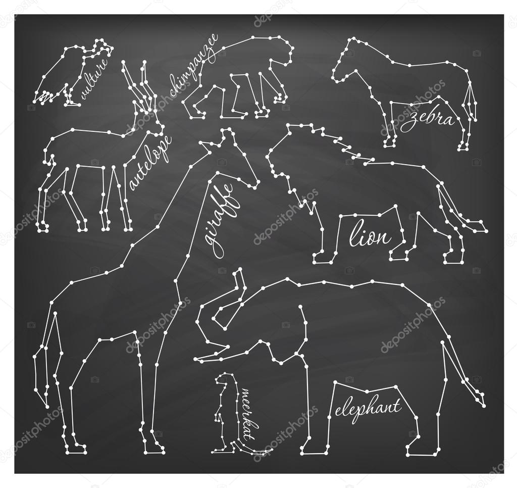 Abstract Line and Dot Savanna Animals Set Vector Illustrations