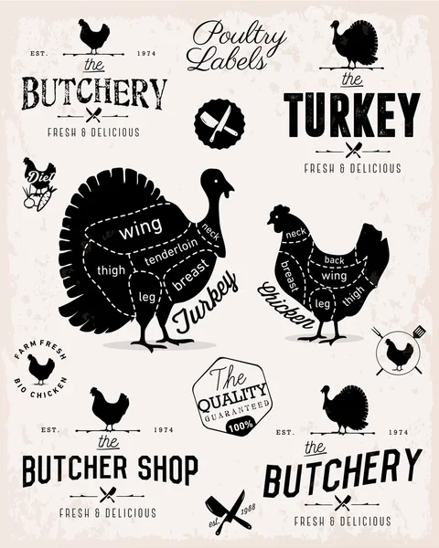 Poultry Cuts Diagram and Butcher Shop Badges, Labels and Design Elements in Vintage Style — Stock Vector