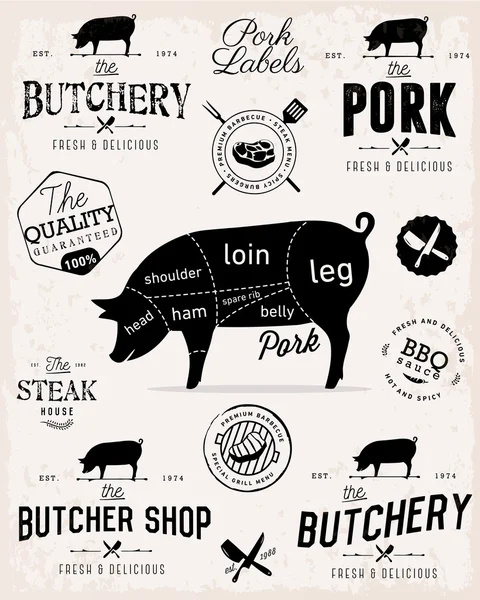 Schweinefleisch schneidet Diagramm und Fleischereiabzeichen, Etiketten und Designelemente im Vintage-Stil — Stockvektor