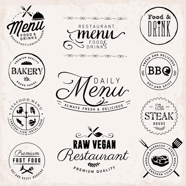 Restoran rozetleri ve Vintage tarzı Etiketler. Menü tasarım öğeleri