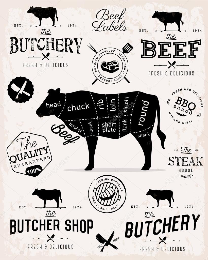 Beef Cuts Diagram And Butcher Shop Badges Labels And Design Elements In Vintage Style Stock Vector Image By C Butterfly Creative 97824860