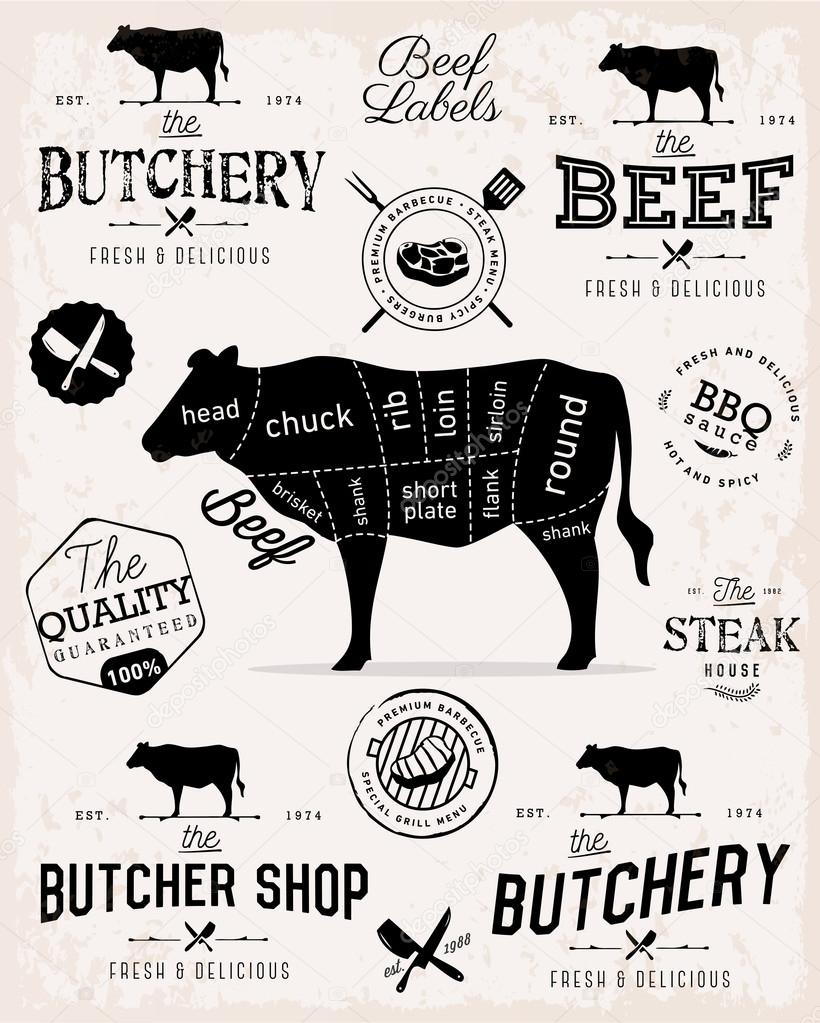 Beef Cuts Diagram and Butcher Shop Badges, Labels and Design Elements ...