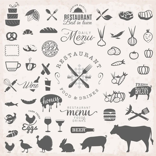 Badges et étiquettes de restaurant dans un style vintage. Éléments de conception de menu . — Image vectorielle