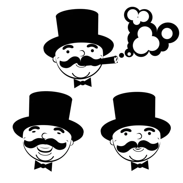 Black and white set of  men in top hats — Stock Vector