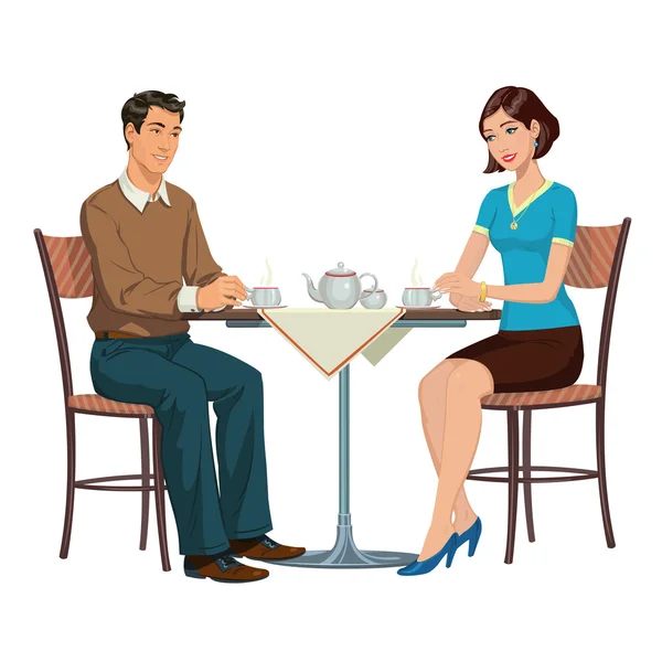 Jovem casal bebendo chá na mesa —  Vetores de Stock