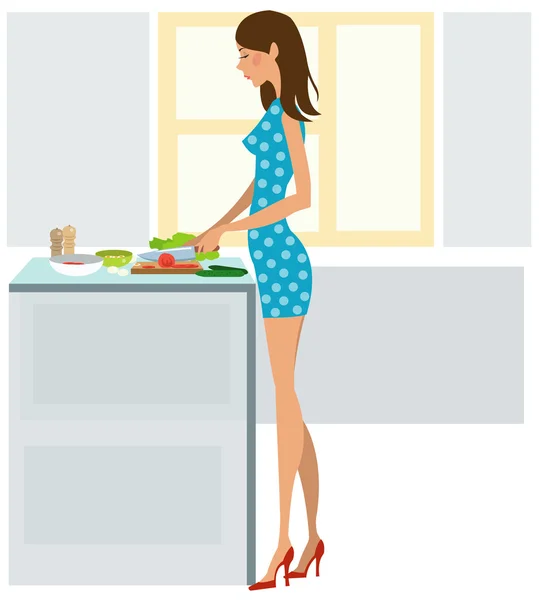 Mujer joven cocinando cena — Vector de stock