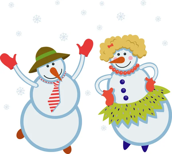 Muñecos de nieve bailando divertido — Vector de stock