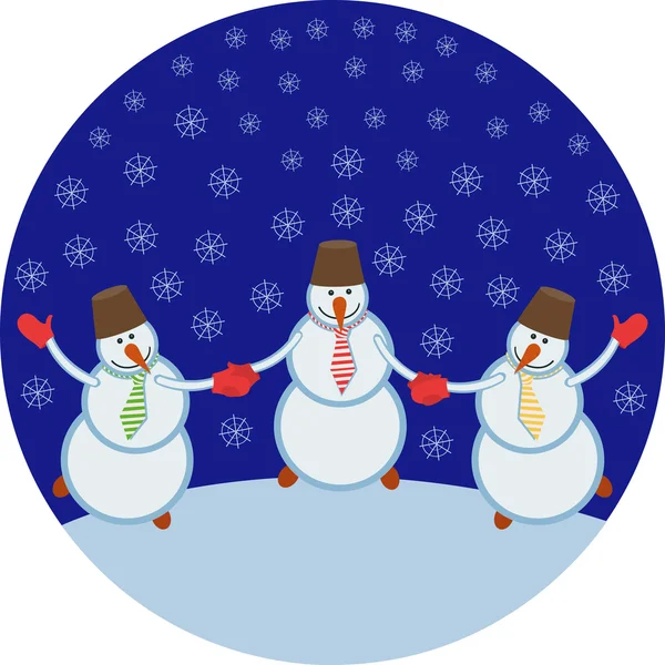 Three cheerful snowmen — Stock Vector