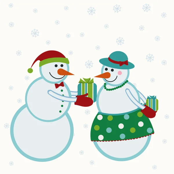 Muñecos de nieve dan regalos — Vector de stock