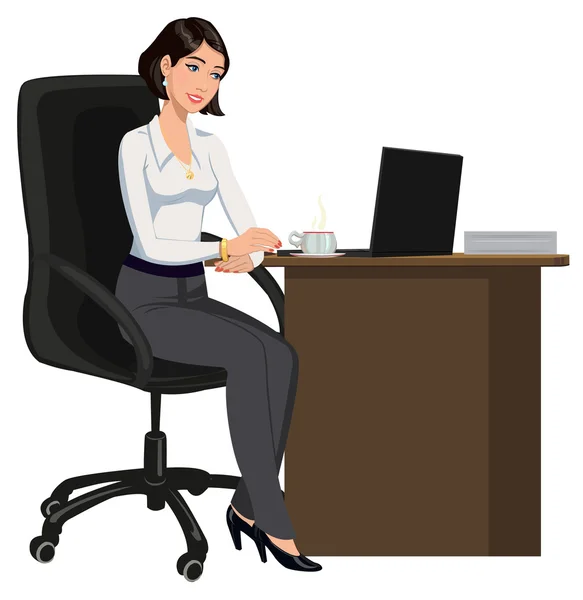 Mujer de oficina detrás de un escritorio con un ordenador portátil — Vector de stock