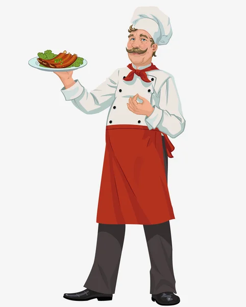 Chef with cooked grill ribs — Stock Vector