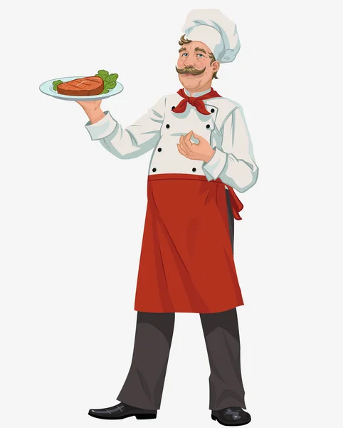 Chef with cooked grill steak — Stock Vector