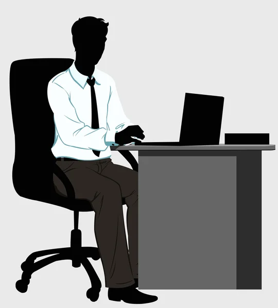 Sylwetka człowieka przy biurku z laptopa — Wektor stockowy