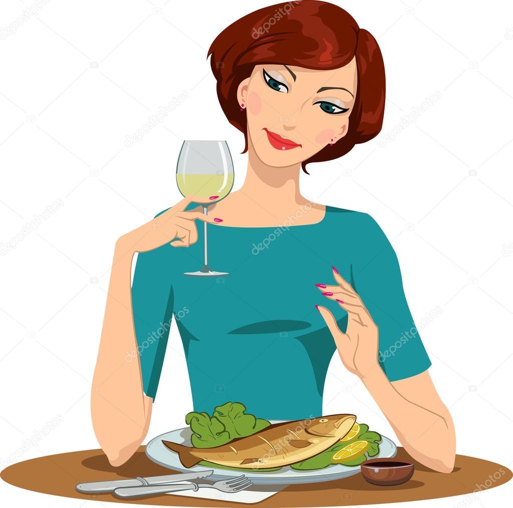 Girl eating fish and drinking wine