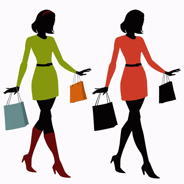 Silhouettes of girls with shopping bags — Stock Vector