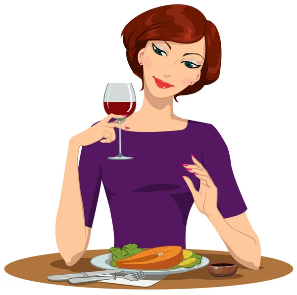 Девушка ест стейк лосося и пьет красное вино — стоковый вектор