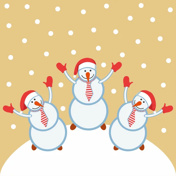 Three funny snowmen happy — Stock Vector