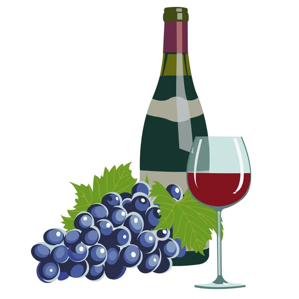 Botella de vino, copa de vino y uvas — Vector de stock