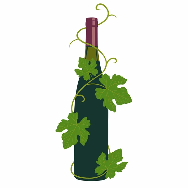 Garrafa de vinho com folhas de uva —  Vetores de Stock