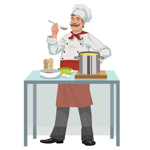 Улыбающийся шеф-повар с супом — стоковый вектор