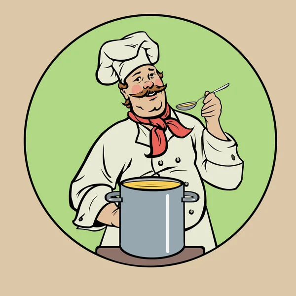 Smiling chef with soup — Stock Vector