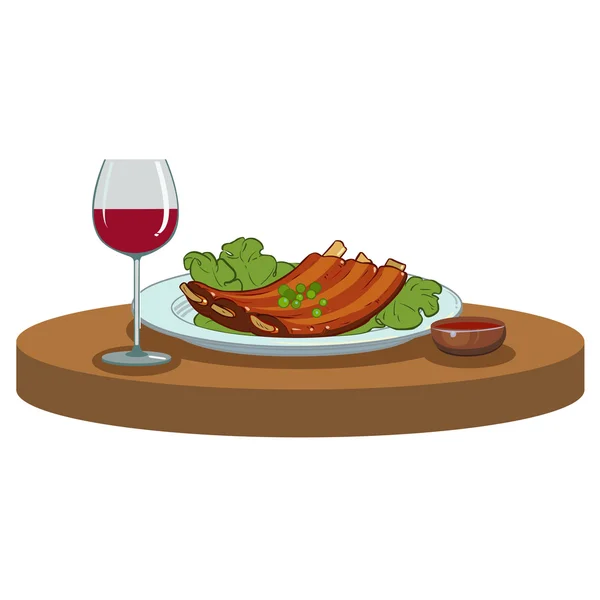 Costillas BBQ y una copa de vino — Vector de stock