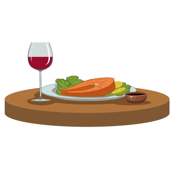 Filete de salmón y una copa de vino — Vector de stock