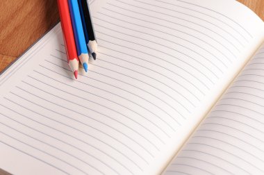 Boya kalemi, bir cetvel ve not defteri portre