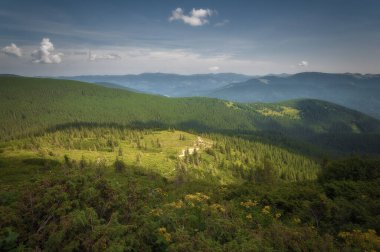 Gün doğarken Dağ Vadisi. Doğal yaz manzarası.