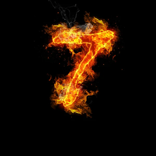 Number seven fire on a black background — Stock Photo, Image