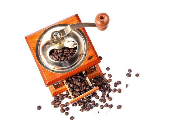 Coffee grinder with coffee beans, isolated on white — Stock Photo, Image