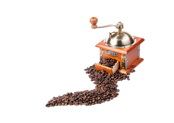 Coffee grinder with coffee beans, isolated on white — Stock Photo, Image