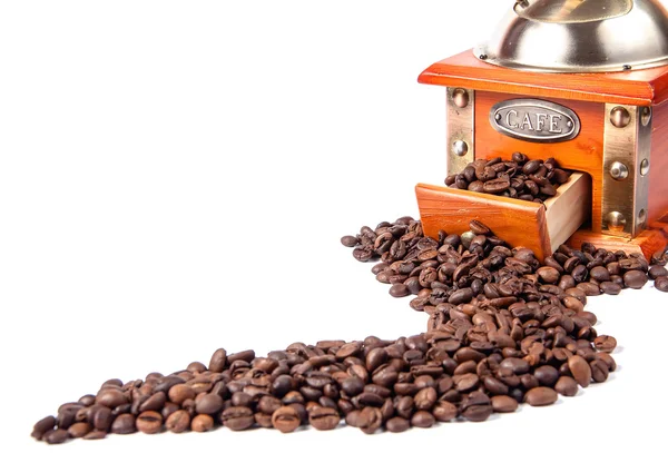 Coffee grinder with coffee beans, isolated on white — Stock Photo, Image