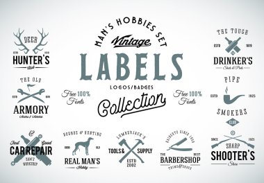 Vintage simgeler, etiketleri veya Logo şablonlar ile Retro tipografi Mens Hobiler gibi av, silah, köpek yetiştirme, araba tamir için ayarla.