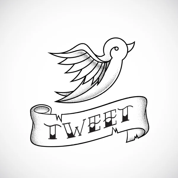 Ícone de pássaro vetorial abstrato de estilo de trabalho de ponto de tatuagem retro com bandeira de Tweet . — Vetor de Stock