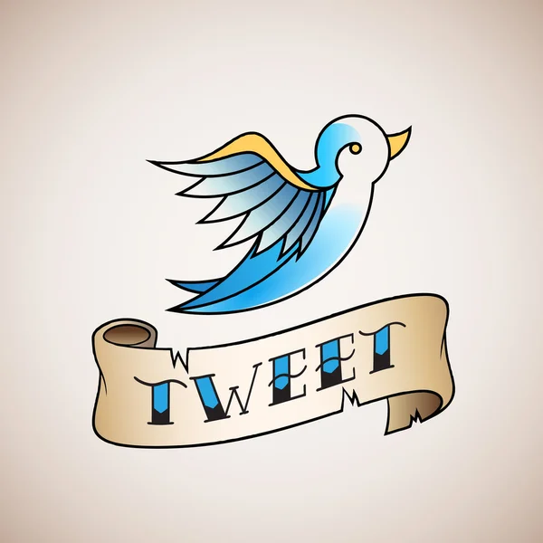 Icona astratta di uccello vettoriale stile tatuaggio retrò con banner Tweet . — Vettoriale Stock