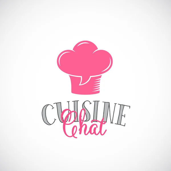 Cuisine Chat abstrakte Vektor-Logo-Vorlage. Kochmützensymbol gemischt mit sprechender Wolke oder einem Sprechblasenzeichen. Feine Typografie. — Stockvektor