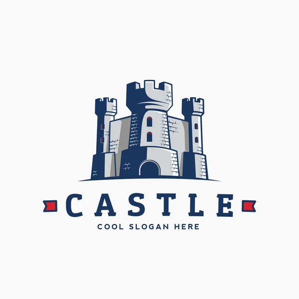 Modèle d'étiquette, de signe ou de logo de château vectoriel abstrait. Symbole de forteresse. Icône du Royaume. Silhouette tour avec drapeaux et typographie . — Image vectorielle