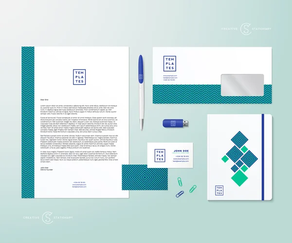 Creative Geometry Green and Blue Realistic Vector Stationary Set with Soft Shadows (en inglés). Bueno como plantilla o se burlan de la identidad empresarial . — Vector de stock