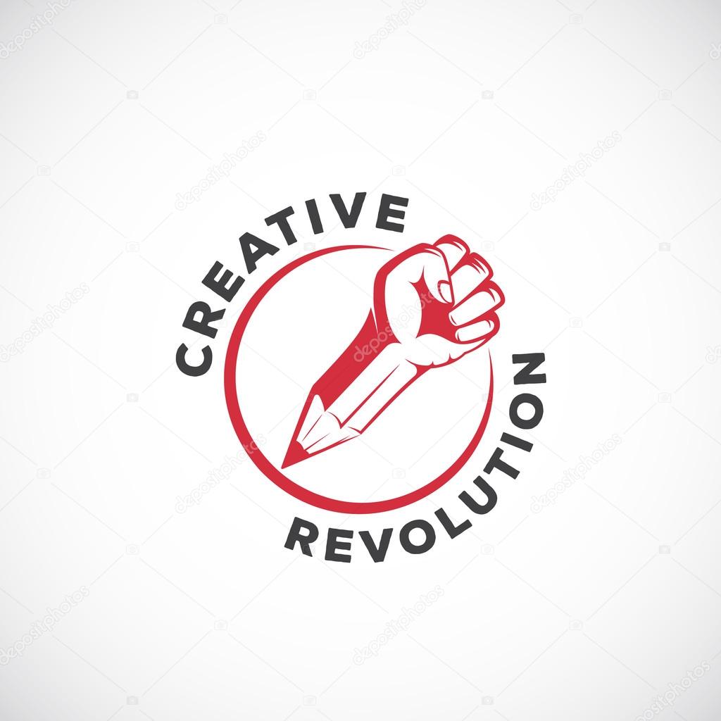 Creative Revolution Abstract Vector Sign, Symbol, Icon or Logo Template. Rebel Fist Mixed with a Pencil Concept in Red Circle. Stylized Riot Hand. Isolated.