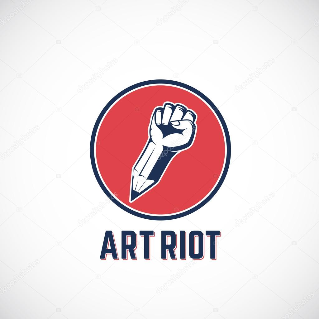 Art Riot Abstract Vector Sign, Symbol, Icon or Logo Template. Rebel Fist Mixed with a Pencil Concept in Red Circle. Stylized Revolution Hand. Isolated.