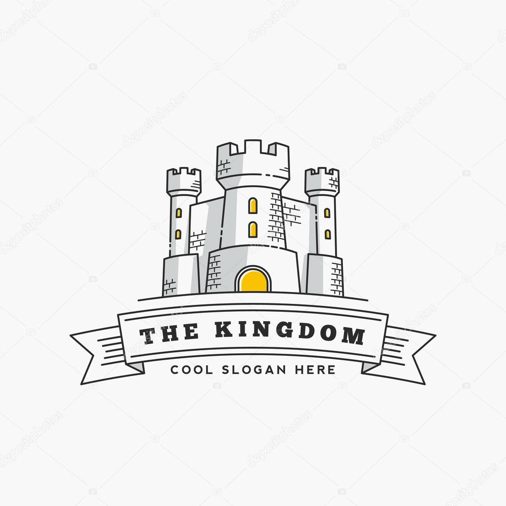 Abstract Vector Kingdom Label, Sign or Logo Template. Fortress Symbol. Castle Icon. Tower Illustration with Flags and Typography in Line Style. Isolated.