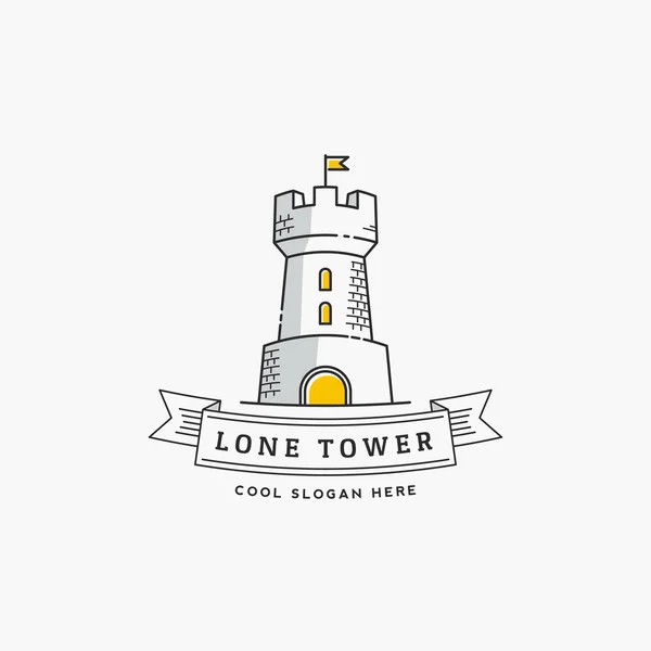 Einsamer Turm abstraktes Vektorzeichen, Symbol, Etikett oder Logovorlage im Linienstil. Festung mit Fahne und Typografie-Banner. — Stockvektor