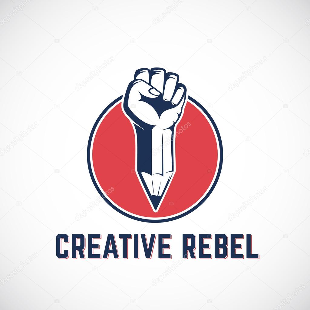 Creative Rebel Abstract Vector Sign, Symbol, Icon or Logo Template. Revolution Fist Mixed with a Pencil Concept in Red Circle. Stylized Riot Hand. Isolated.