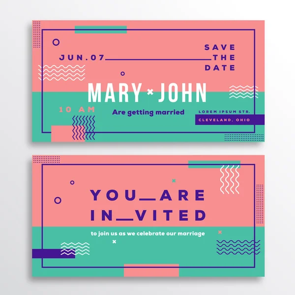 Wedding Invitation Card Template. Modern Abstract Flat Swiss Style Background with Decorative Stripes, Zig-Zags and Typography. Pink, Mint Colors. — Stock Vector