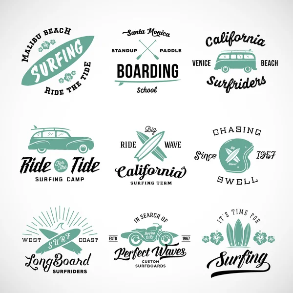 Vector Retro Style Surfing Labels, Logos or T-shirt Graphic Design Featuring Surfboards, Surf Woodie Car, Motorcycle Silhouette, Helmet and Flowers. Good for Posters etc. — Stock Vector