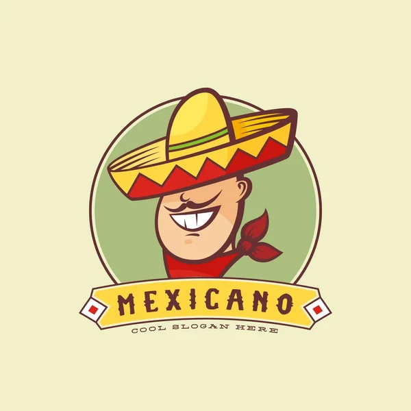 Mexicano en Sombrero Tradicional Signo de Vector Abstracto o Plantilla de Logo. Hombre sonriente con bigote y símbolo de sombrero . — Vector de stock