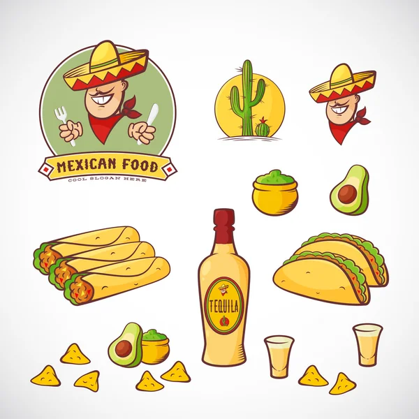 Messicano Food Vector Illustrazioni Set con logo modello per il menu del ristorante, Cafe, Pasti di consegna. Uomo sorridente nel Sombrero tradizionale, Tacos, Burritos, Tequila, ecc. Colori brillanti . — Vettoriale Stock